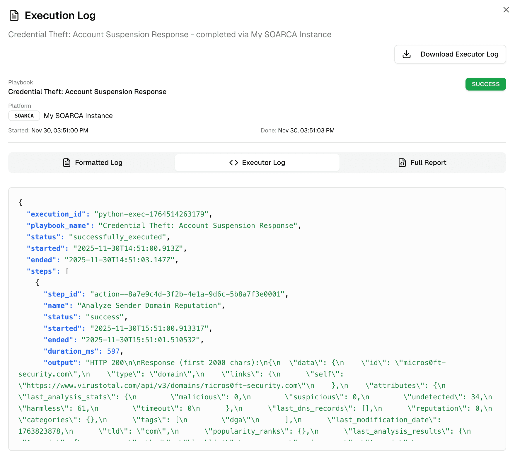 Automated playbook execution showing real-time step progress